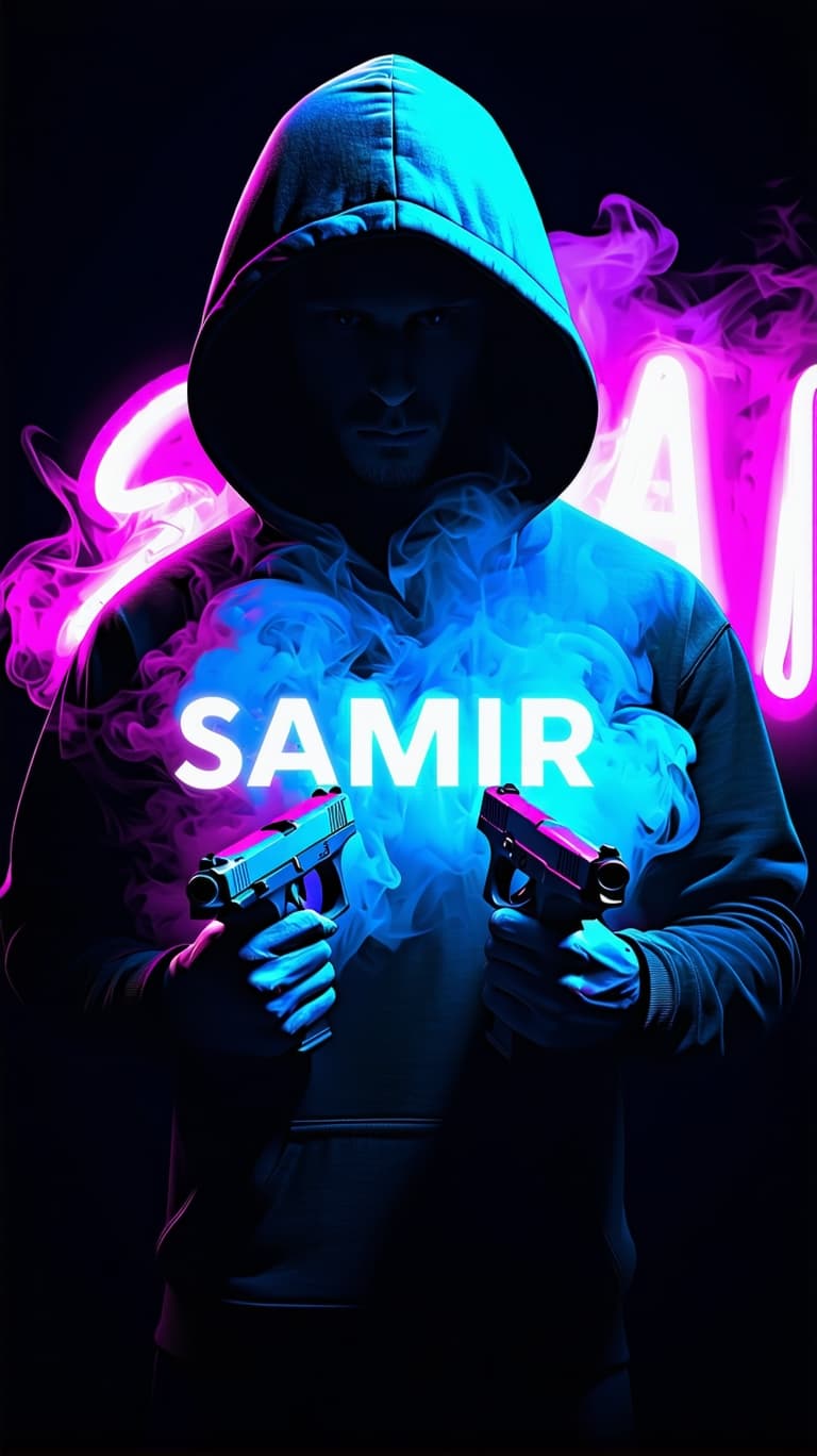 AI generated: dark with RGB neon lights background, BrutAL man wearing hoody, holding dual 9mm handguns, "SAMIR" w...