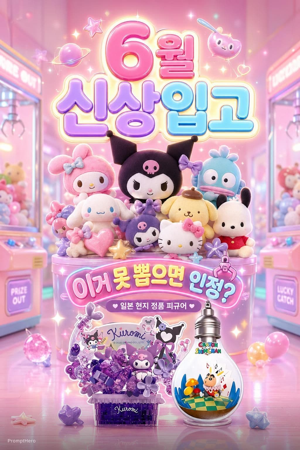AI generated: A vertical X-banner design (600x1800mm), ultra cute Japanese kawaii claw machine arcade, bright past...