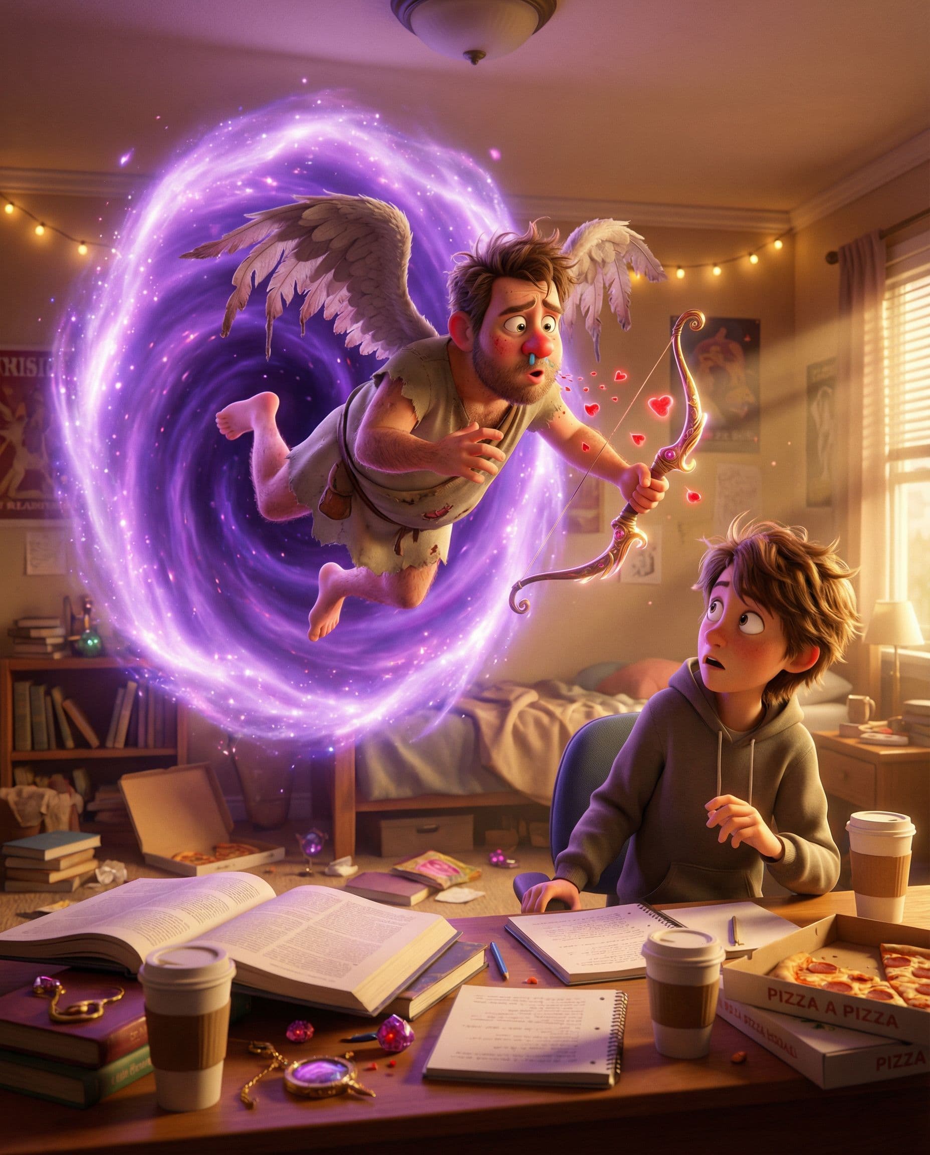 AI generated: Pixar style - A disheveled ((adult)) Cupid with drooping wings and a runny nose tumbling out of a sh...