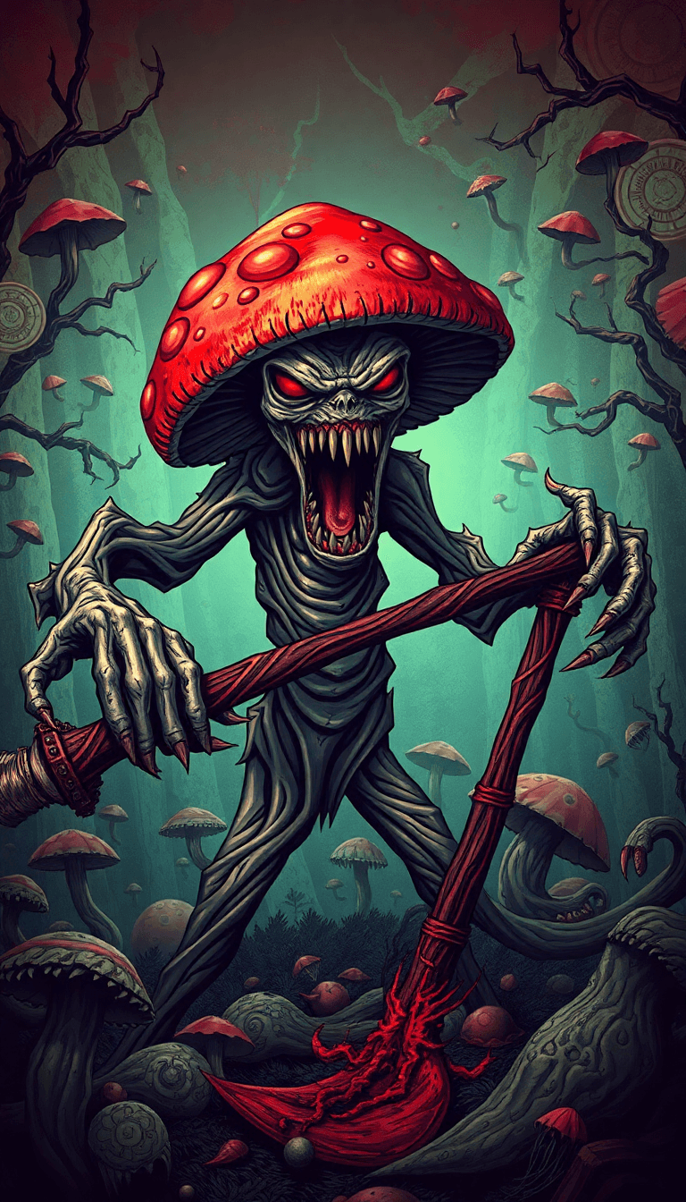 AI generated: A chaotic, vector horror art scene of a diverse background, In the dark underbelly of a psychedelic ...
