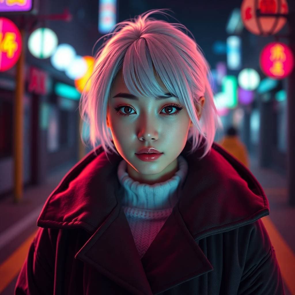 AI generated: a woman standing in the middle of a city at night, inspired by Liam Wong, cute girl with short pink ...