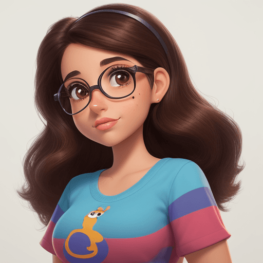 AI generated: Disney pixar inspired image of a young hispanic woman. She has roundish glasses. Brown hair and brow...