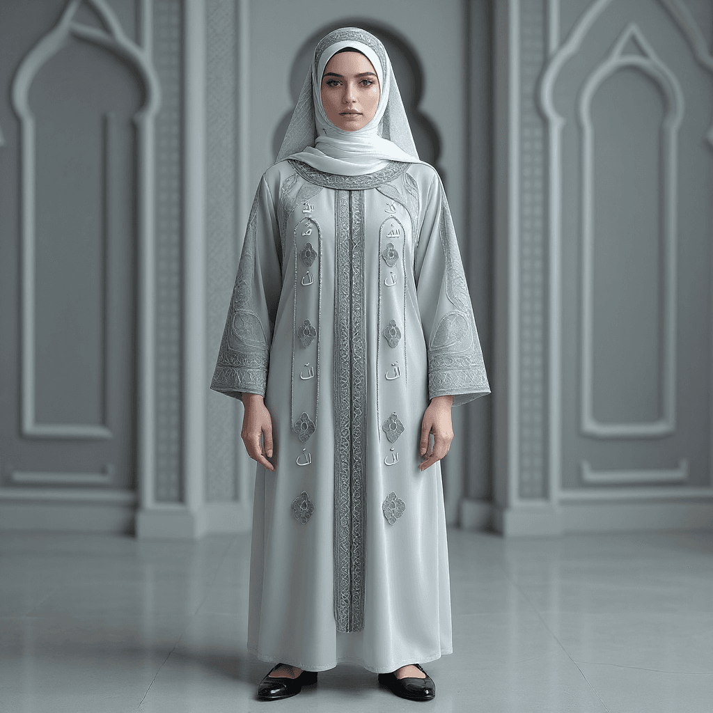 AI generated: Beautiful arab woman, full body showing, wearing abaya and scarf decorated with arabic letters and w...
