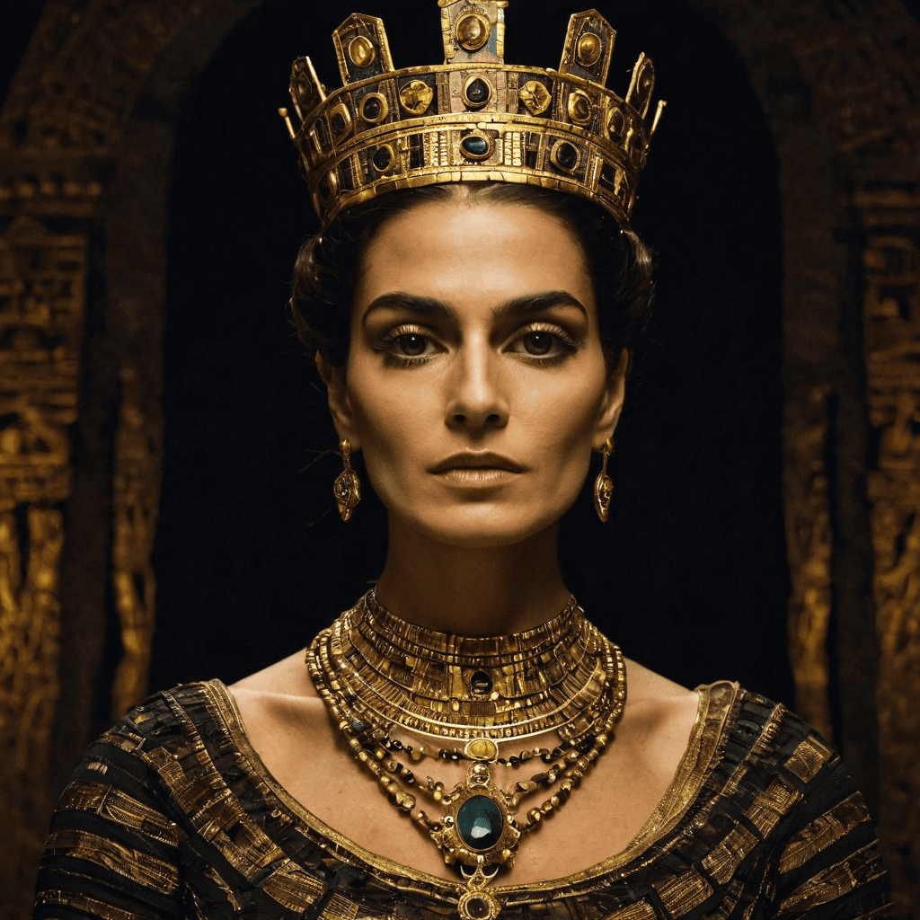 AI generated: The image features a dead old queen in full attributes, depicted as a mummy. She is wearing a crown ...