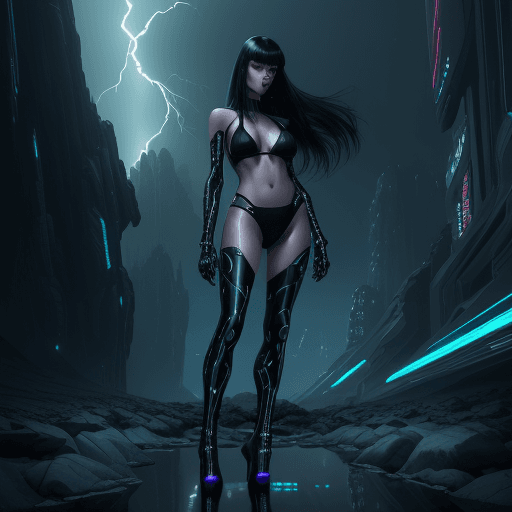 AI generated: DARK AND GLOWING landscape, stunning looking cyber girl,  lots of heavy reflective floor and other i...