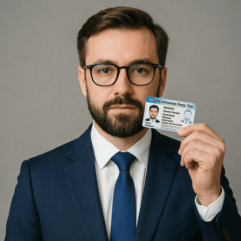 AI generated: UUltra-realistic photo of a serious adult person standing facing the camera, holding an identificati...