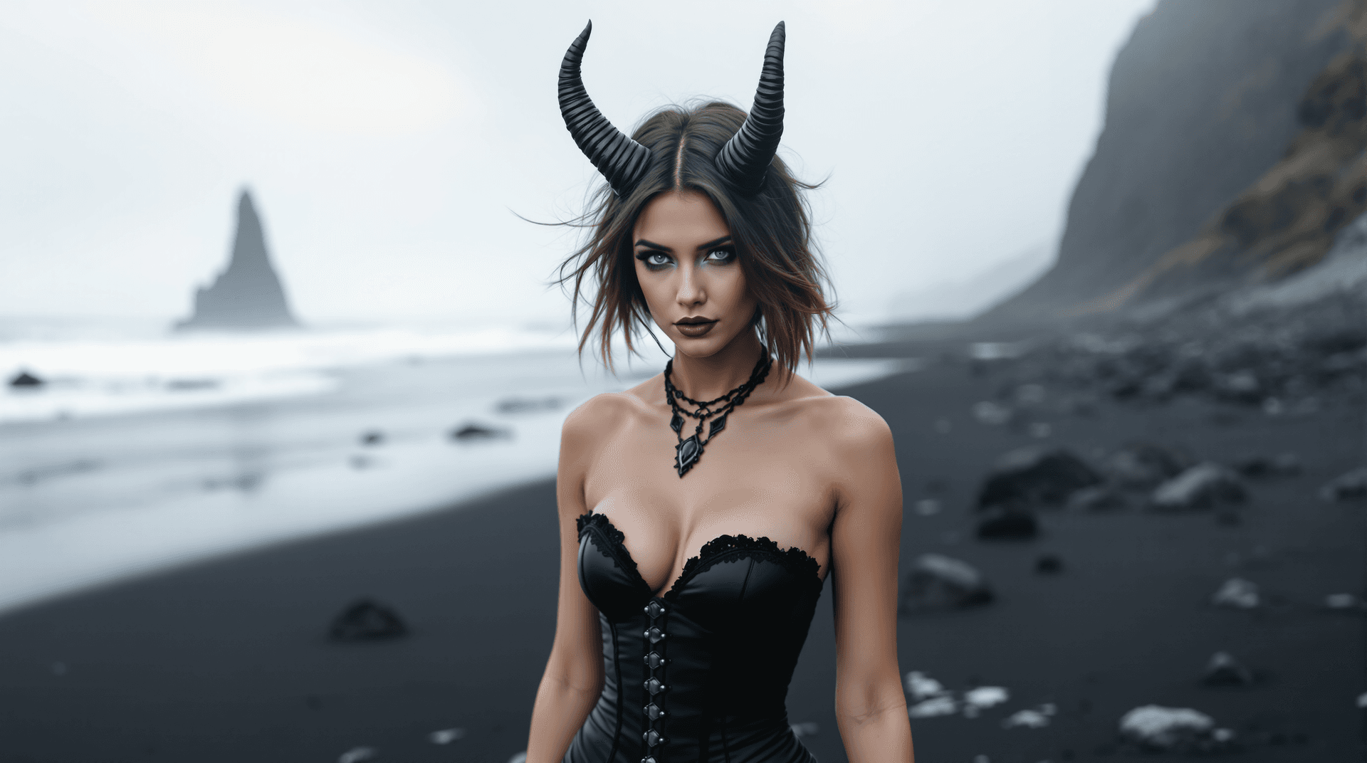AI generated: Distant view, wide angle photo of A female Cambion (more human than demon look, age: early 20, deep ...