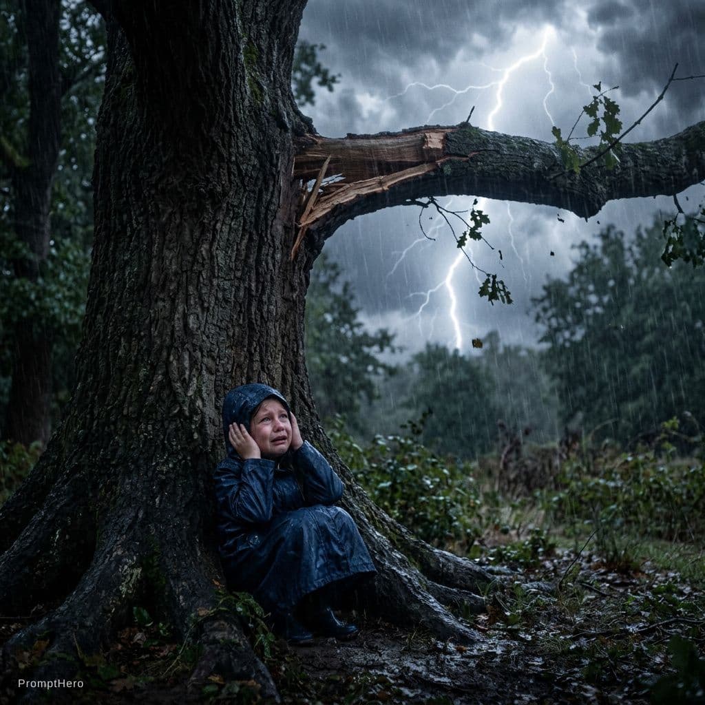 AI generated: Minni hides under a large tree, scared and shivering. A big tree branch starts breaking during the s...