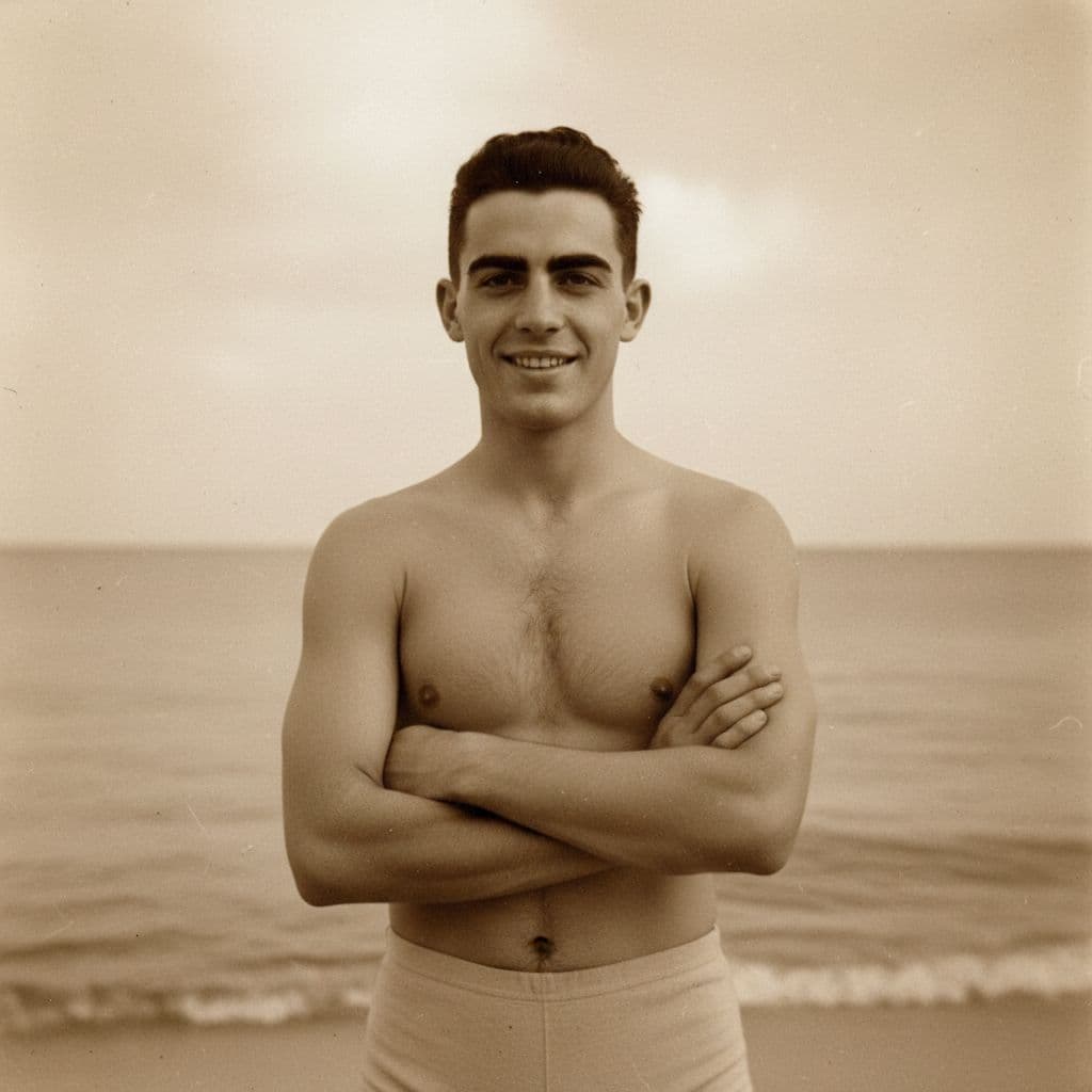 AI generated: An old sepia-toned photo. In the photo, we see a man in typical 1940s swimwear. He is on a beach, st...