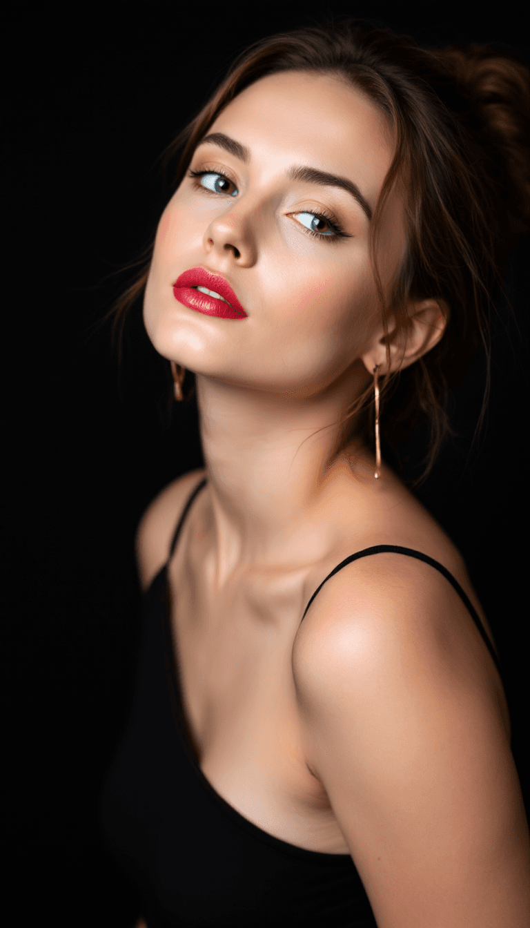 AI generated: A woman with fair skin, light red lipstick, and brown hair in a loose bun, wearing a black spaghetti...