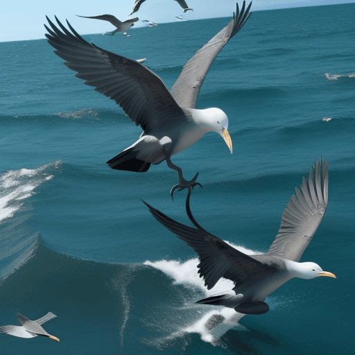 AI generated: delfín nadando en el mar con gaviotas volando alrededor