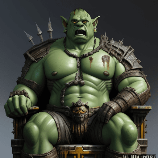AI generated: Orc boss, scifi, sitting on throne made of scrap metal, painted in the style of Lucian Freud