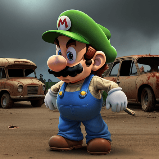AI generated: Mario Bros. on the set of The Walking Dead as Pixar characters, photorealism, photorealistic, 3D, Pi...