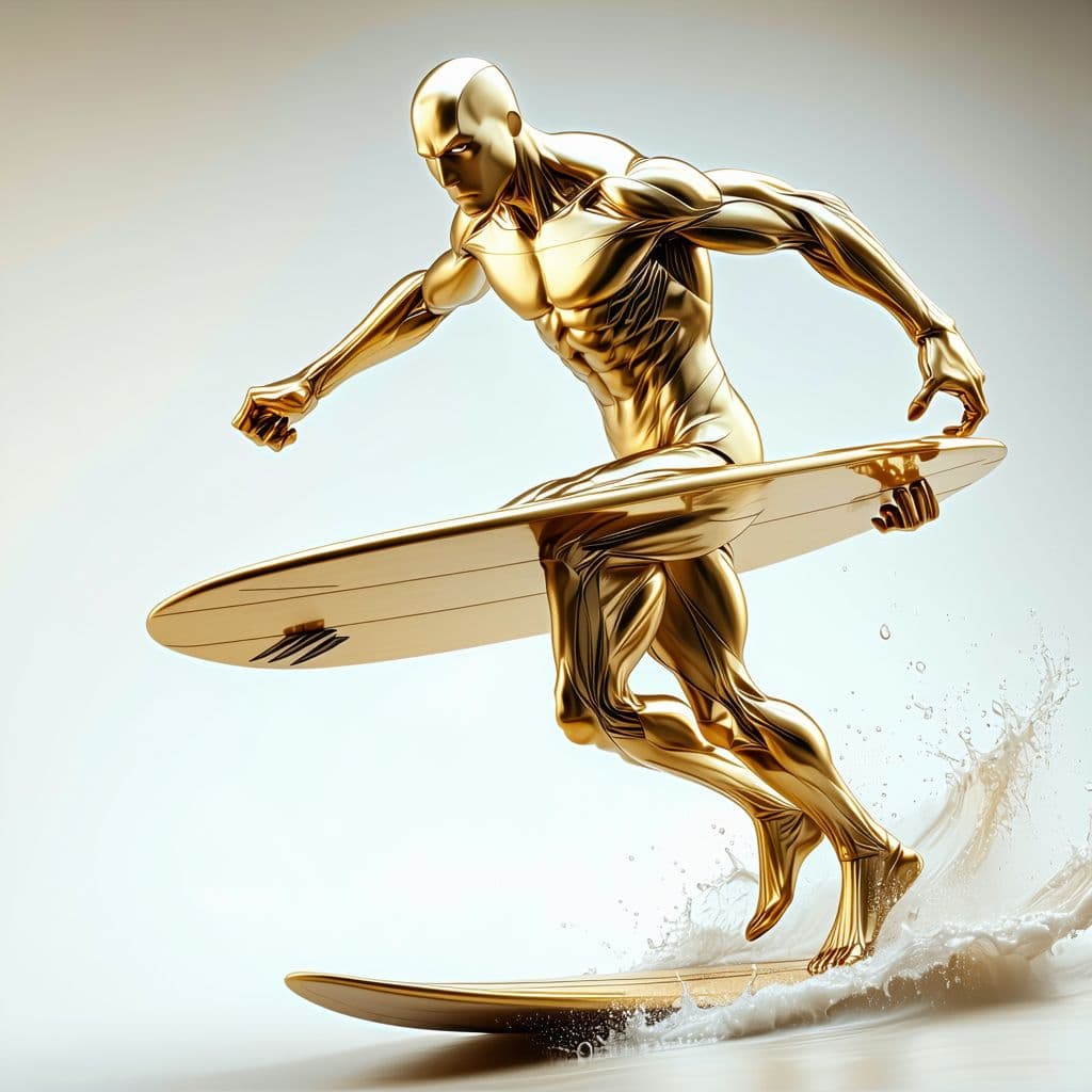 AI generated: A gold silver surfer inspired by the movie fantastic 4 and silver surfer however all features are ma...