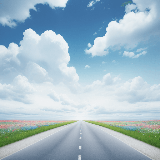 AI generated: Blue sky, there are several white clouds, a small couple, hand in hand running forward, holding flow...