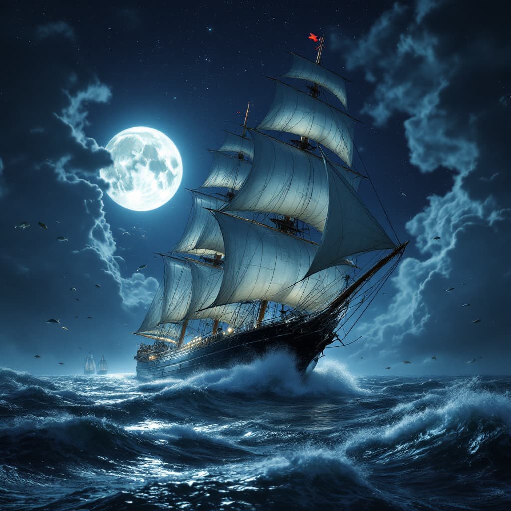 AI generated: Photo of an ultra-realistic sailing yacht the EOS, in dramatic moon light, stars across the sky, hea...