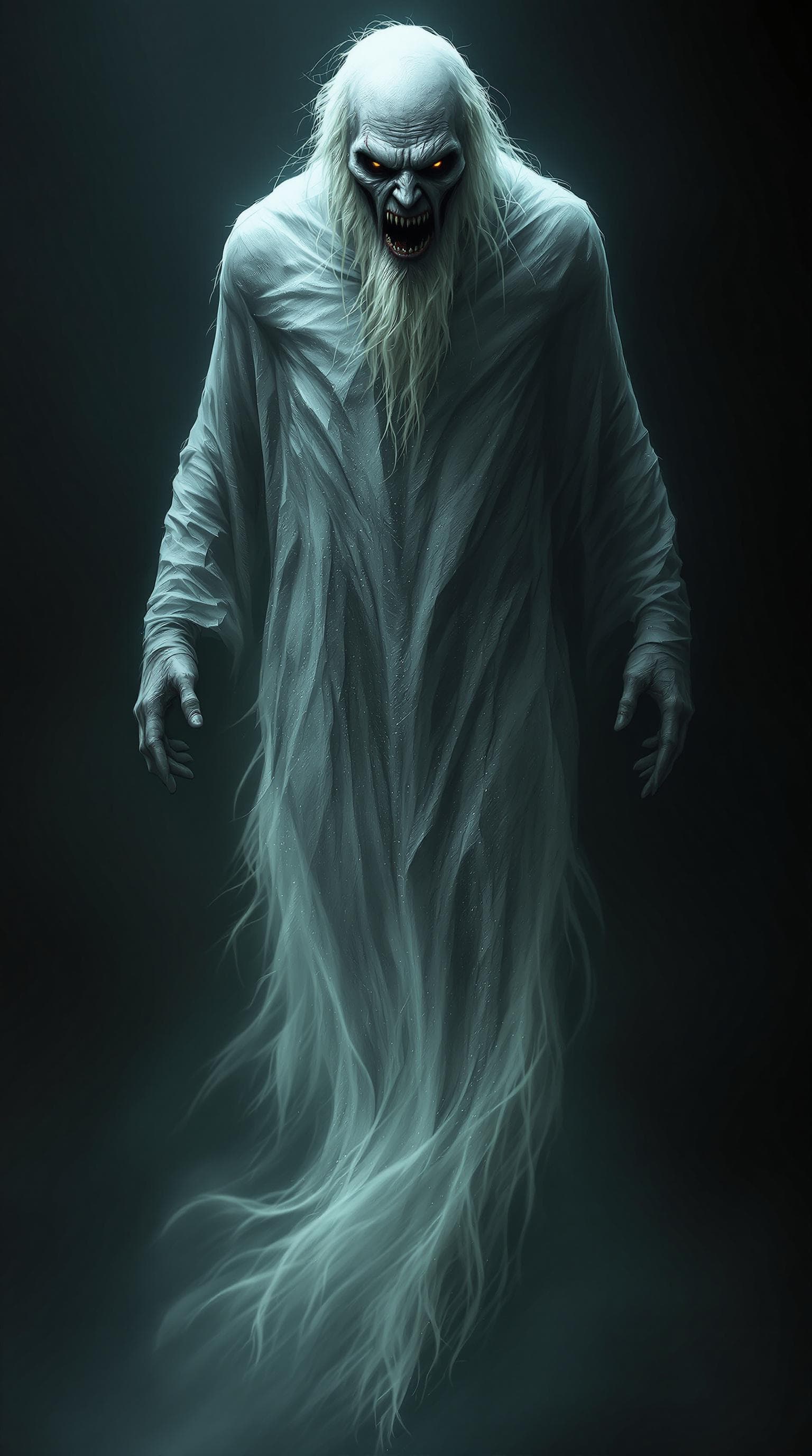 AI generated: A full-body angry looking old man ghost with a realistic mystic human face, floating in mid-air.  hi...