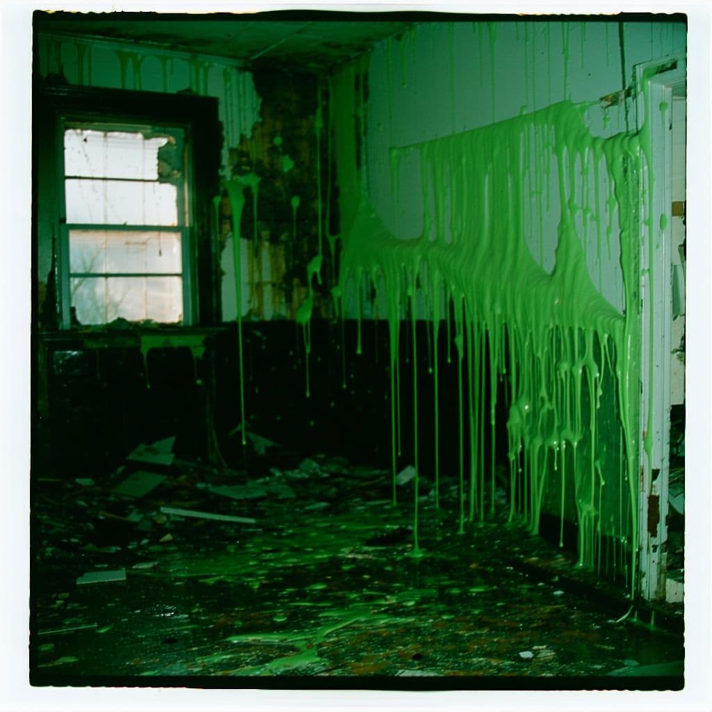 AI generated: grainy 80's photograph quality polaroid of king slime suicide caught in an abandoned house, dark