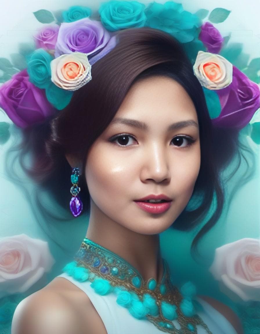 AI generated: Masterpiece, Best Quality, woman with turquoise jewels in her hair and purple roses . , 8k, UHD, HDR