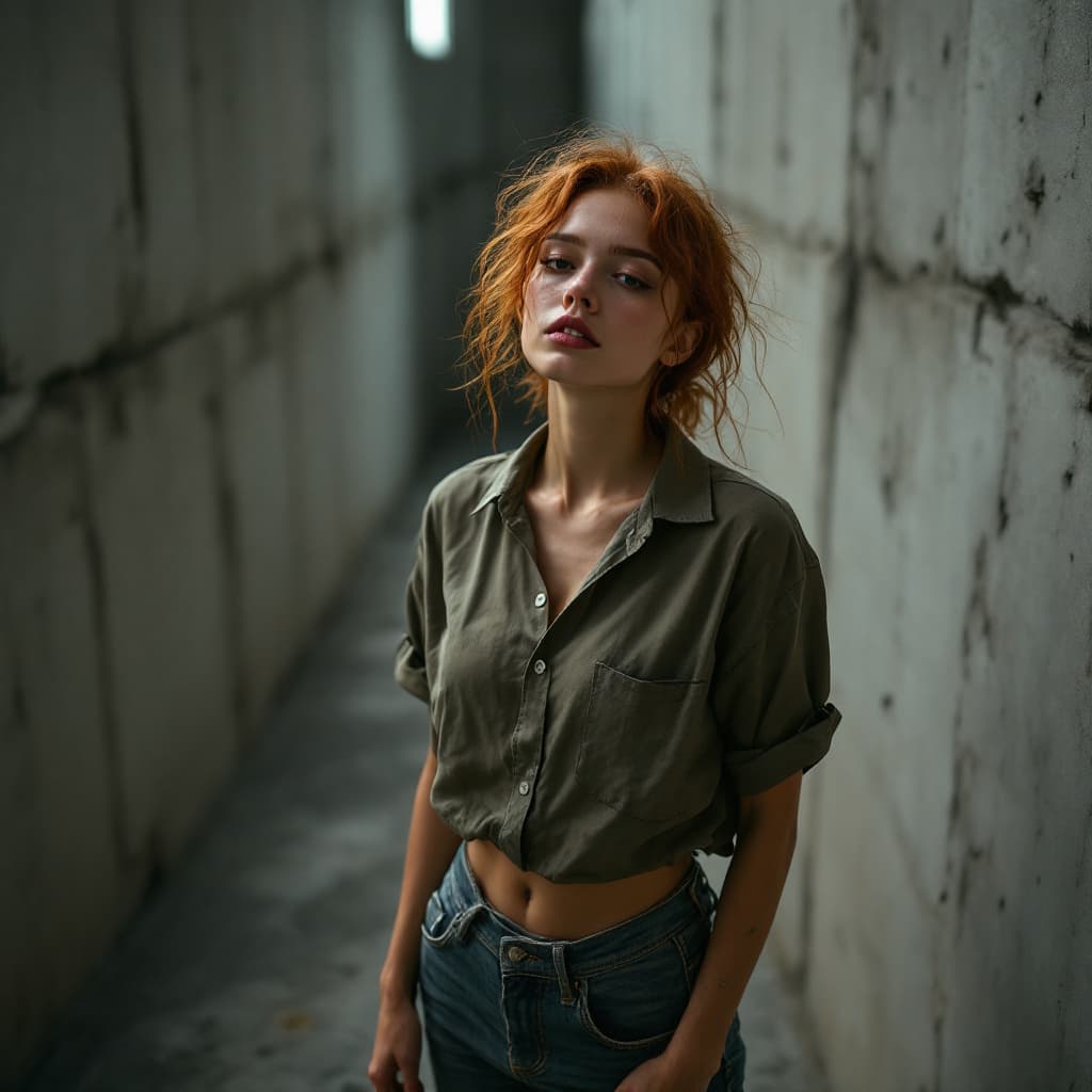 AI generated: abstract, Brutalist high Fashion high angle photo of a 24 year old Chamorro-Venezuelan female freckl...