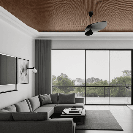 AI generated: modern living room,4k quality,archviz render,the view is behing the couches, shaped sofa, 2 couches,...