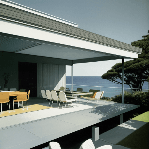 AI generated: Hyper realistic eye level exterior photo of a mid century modern style house overlooking the ocean, ...