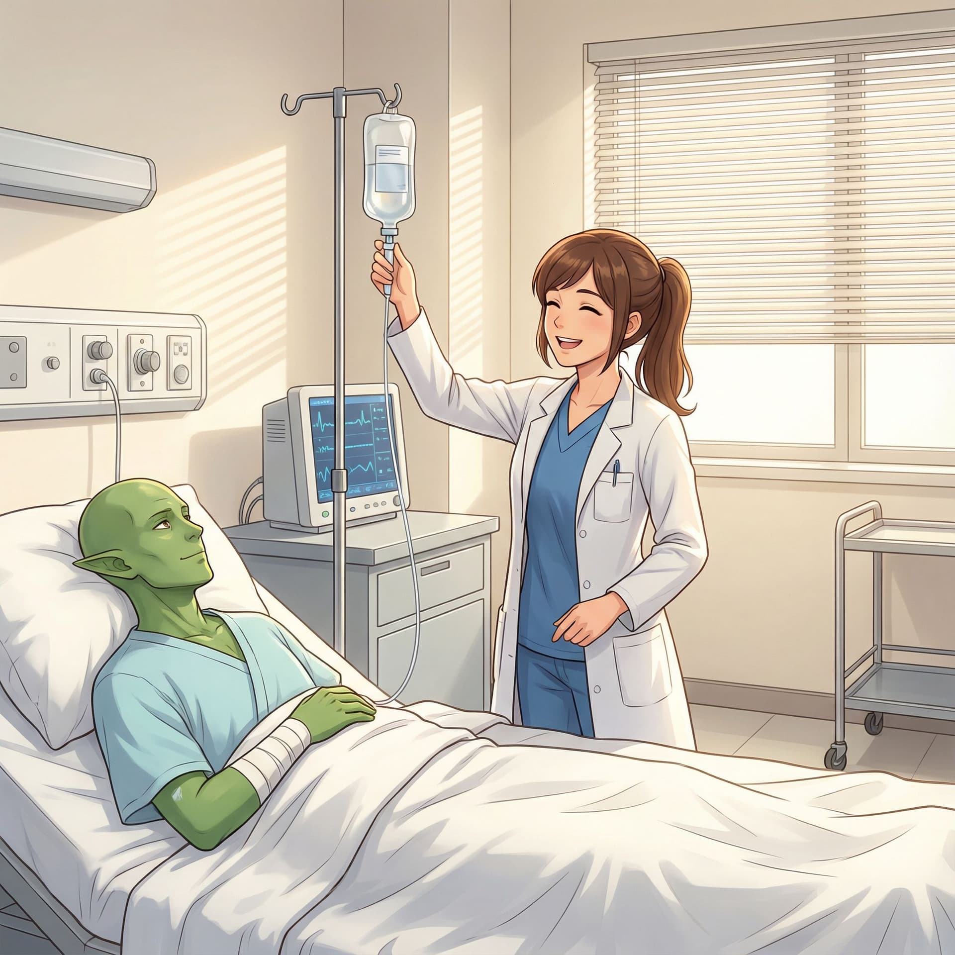 AI generated: Anime-style illustration of a bright, clean modern hospital room. A friendly female doctor with brow...
