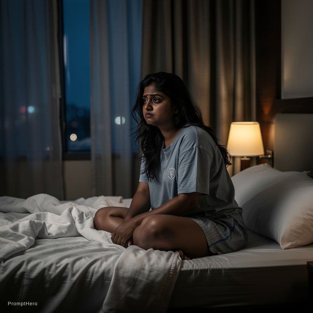 AI generated: Indian woman with big breast sitting on a bed, solo fantasy, very sleepy and shy, angry and bored, w...