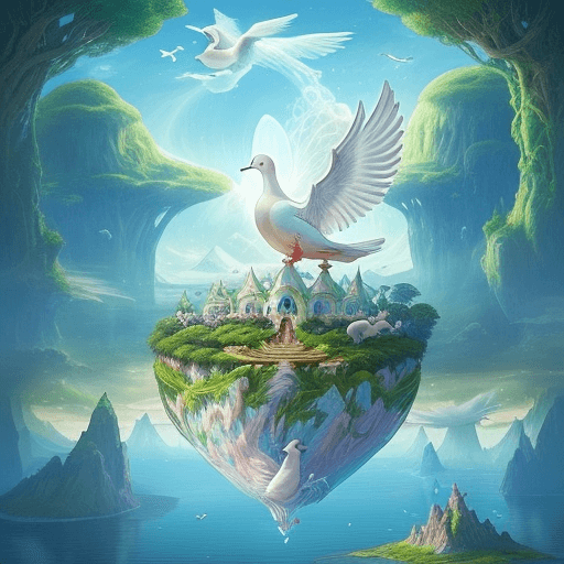AI generated: A floating magical giant Dove in An imaginative and artistic scene of a fantasy world, with a vibran...