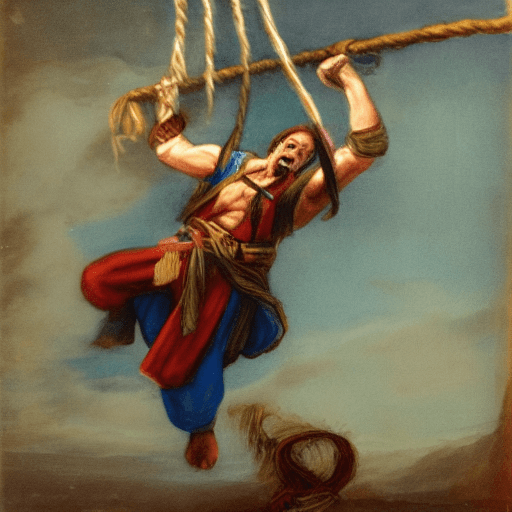 AI generated: an old pirate doind acrobatics, he holds a lasso, blue colors, narutal light, realistic