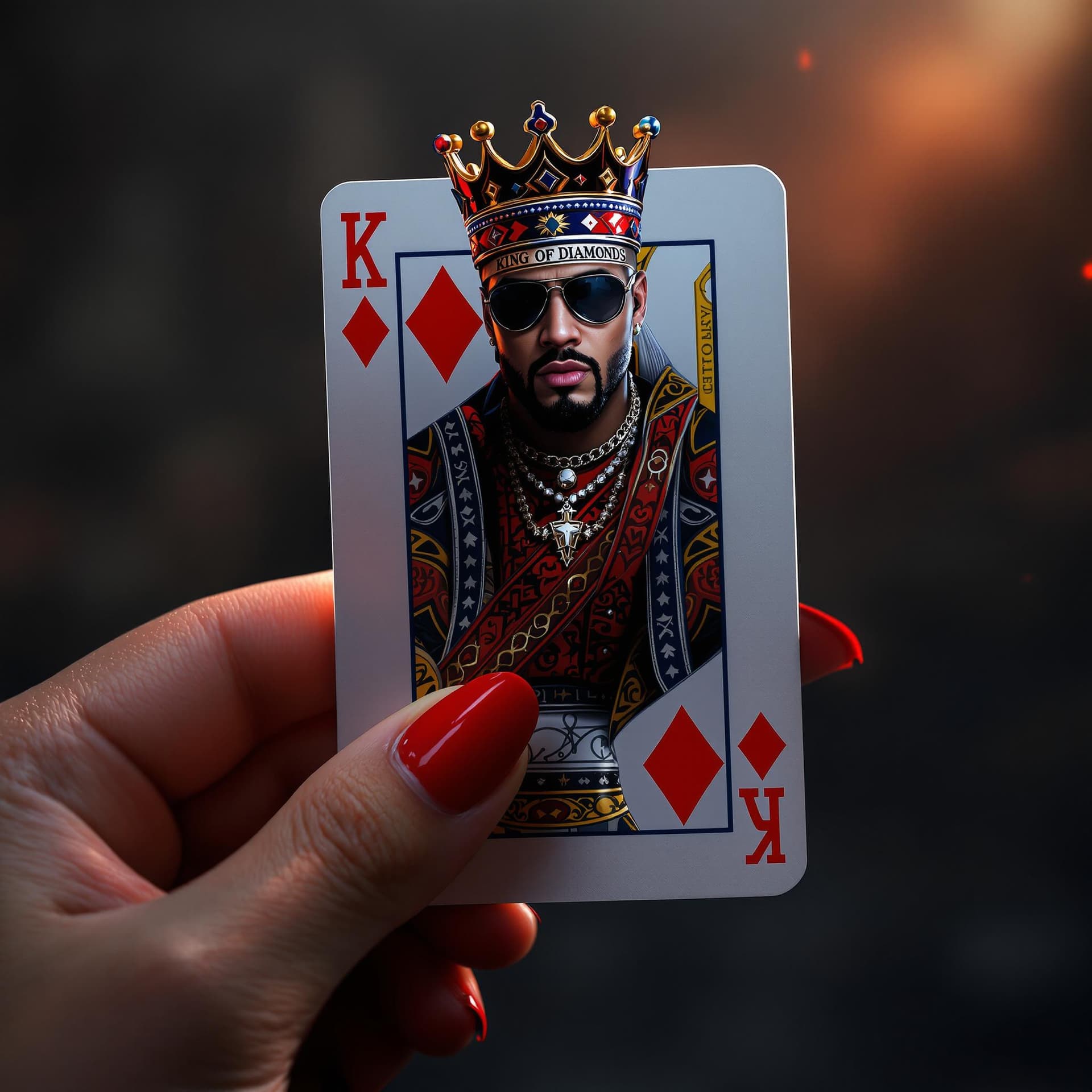 AI generated: a woman's hand with long red nails holding a king of diamonds playing card depicting a realistic hip...
