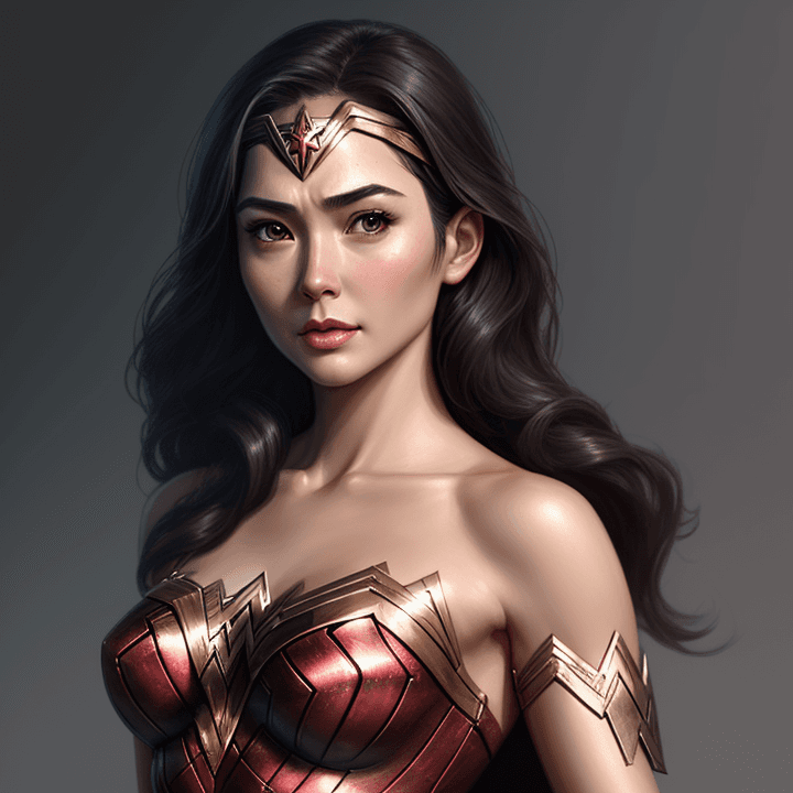 AI generated: Wonder Woman Dress up, Delicate Smooth female, bust Portrait, Asian actress face, super Clear facial...