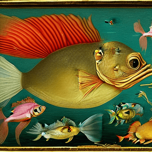 AI generated: an 8k image in the style of Jan van Eyck of a fish that is part bird and of a bird that is part fish...