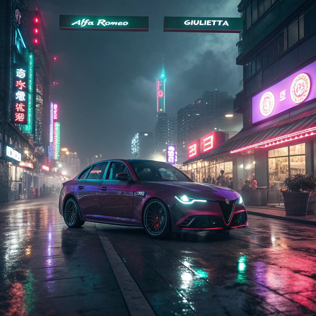 AI generated: A cyberpunk-style scene set at night, in the future, showing a heavily tuned new Alfa Romeo Giuliett...
