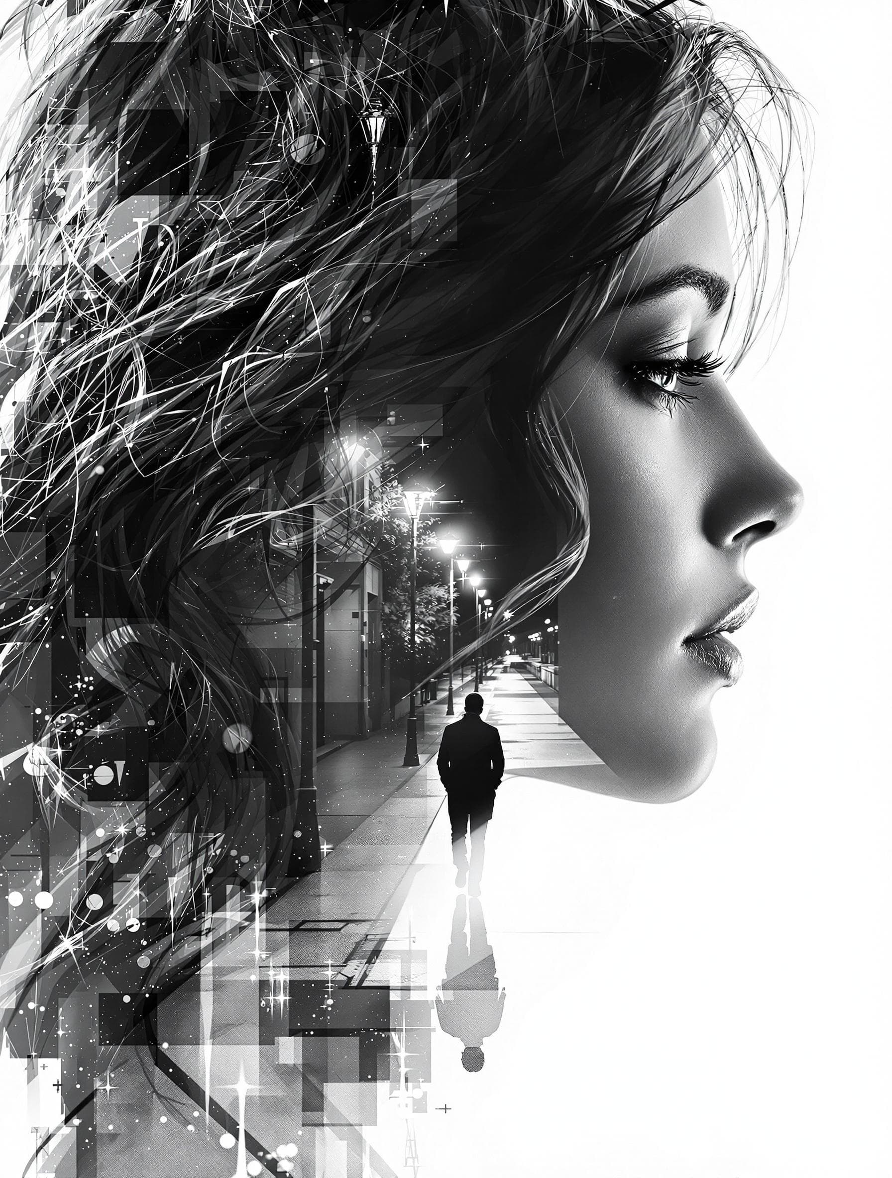 AI generated: Generate an image in the style of a double exposure, showcasing a beautiful womans face with wavy ha...