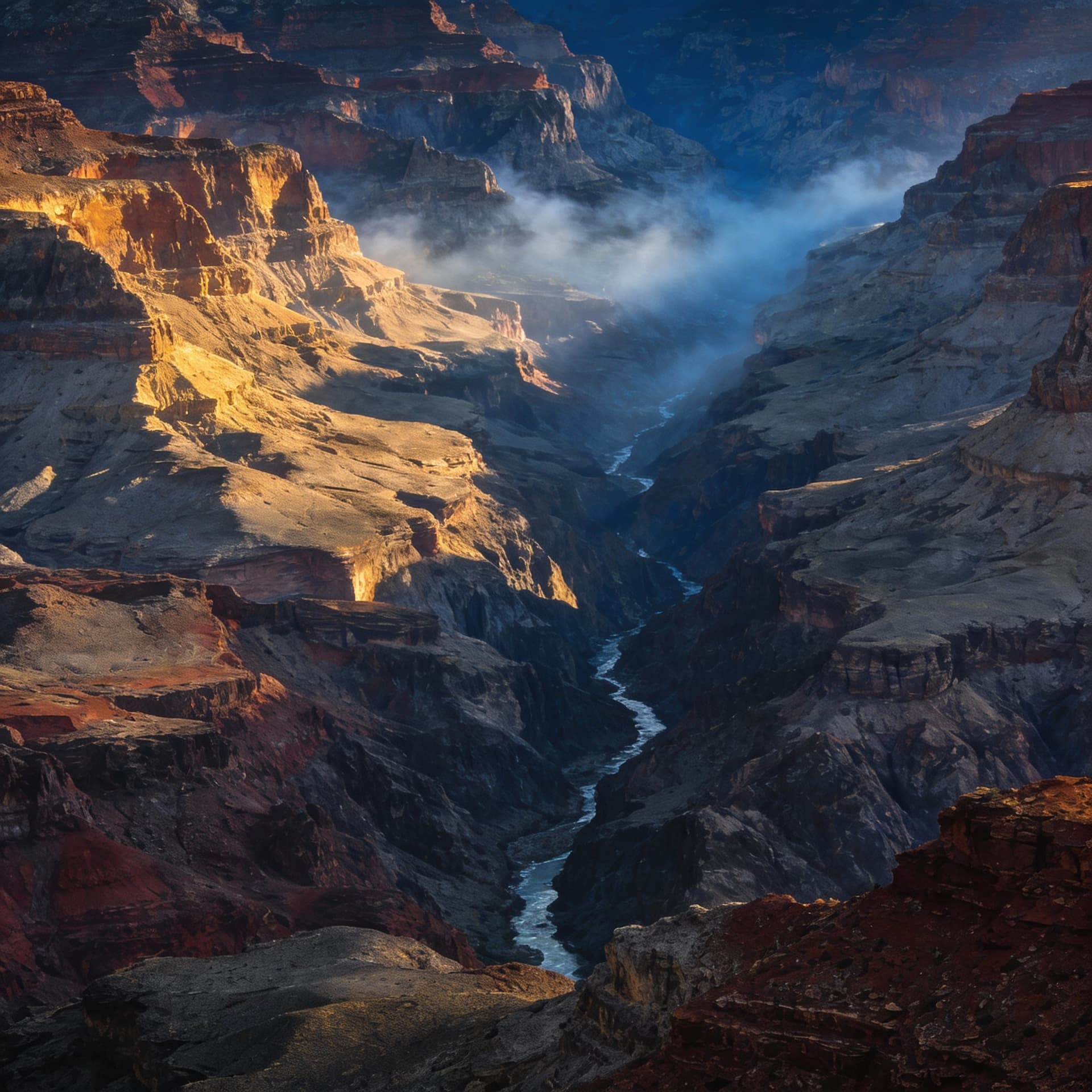 AI generated: deep gorge, canyon walls, narrow valley, stratified rock, dramatic cliffs, river chasm, atmospheric ...