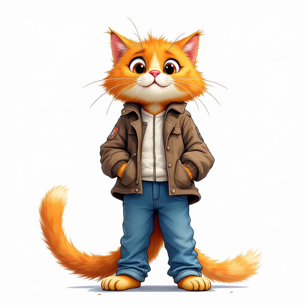 AI generated: An unconventional cartoon of  A Cool Playful Orange cat, Wearing blue jean and a nice jacket, standi...