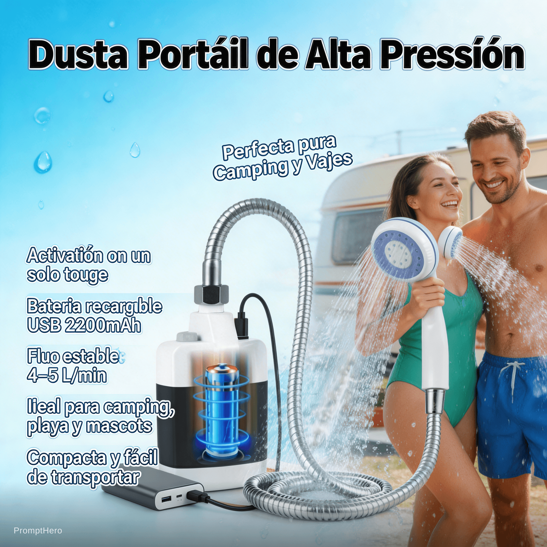 AI generated:  @--image Substituir o aparelho da mini thumbnail pela imagem anexada da ducha portátil AquaJet™ Pro...