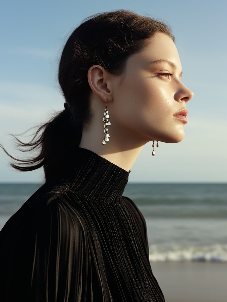 AI generated: a woman standing on top of a beach next to the ocean, huge earrings, official vogue editorial, inspi...