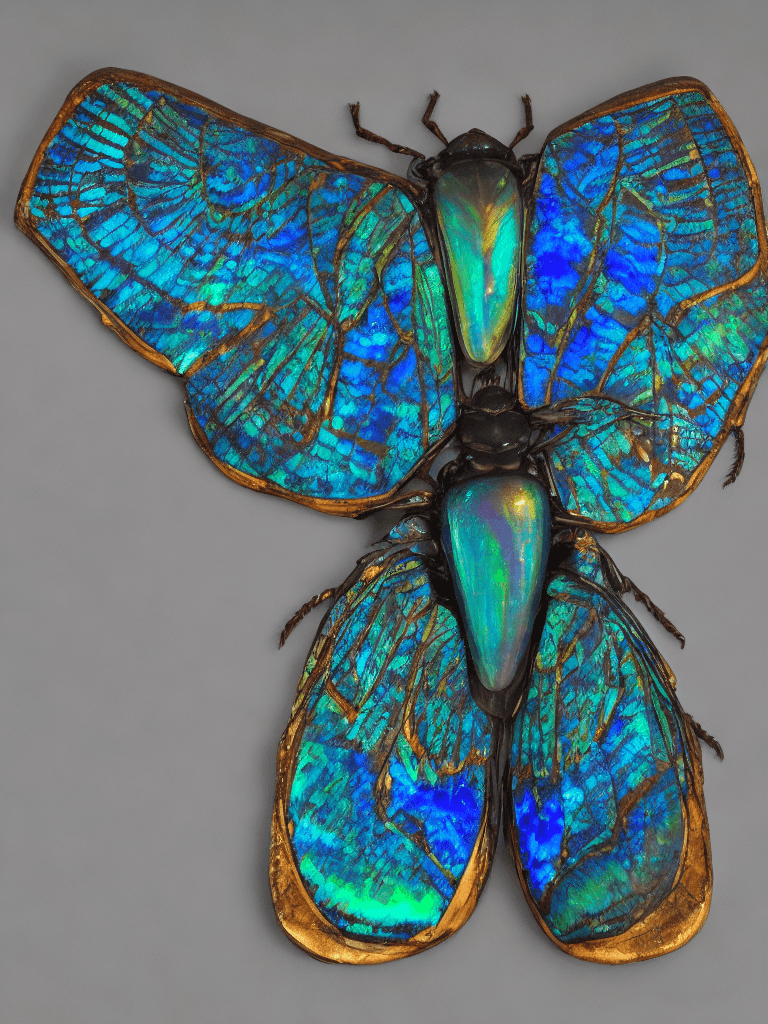 AI generated: an egyptian scarab beetle open wings, made out of carved boulder opal and giant blue morpho wings, s...