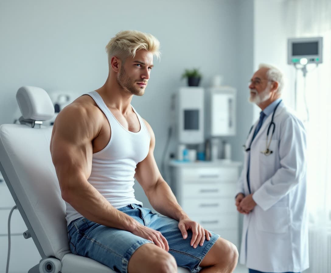 AI generated: high-resolution photo, full body standing, muscular male with platinum blonde hair, cutoff blue jean...