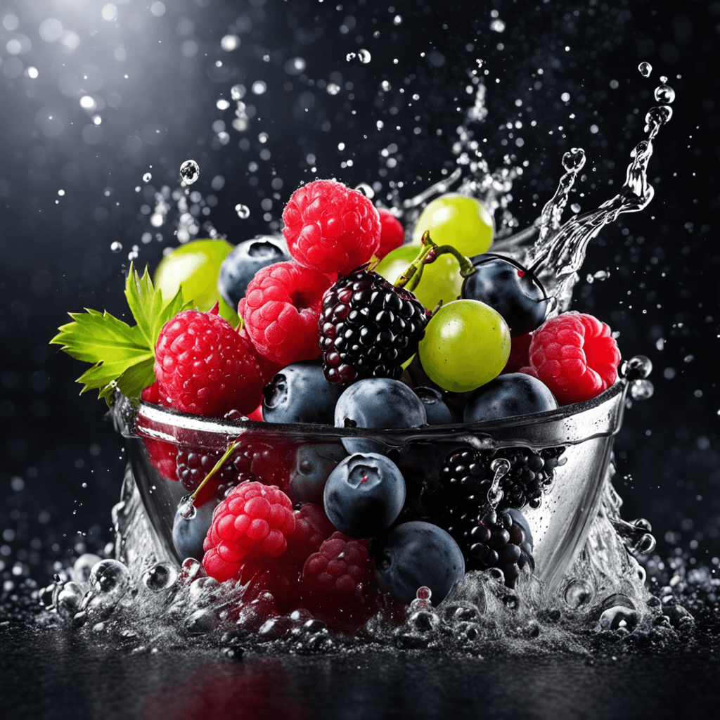 AI generated: a basket full of various berries and green grapes,   explode with huge particles splashing on the ai...