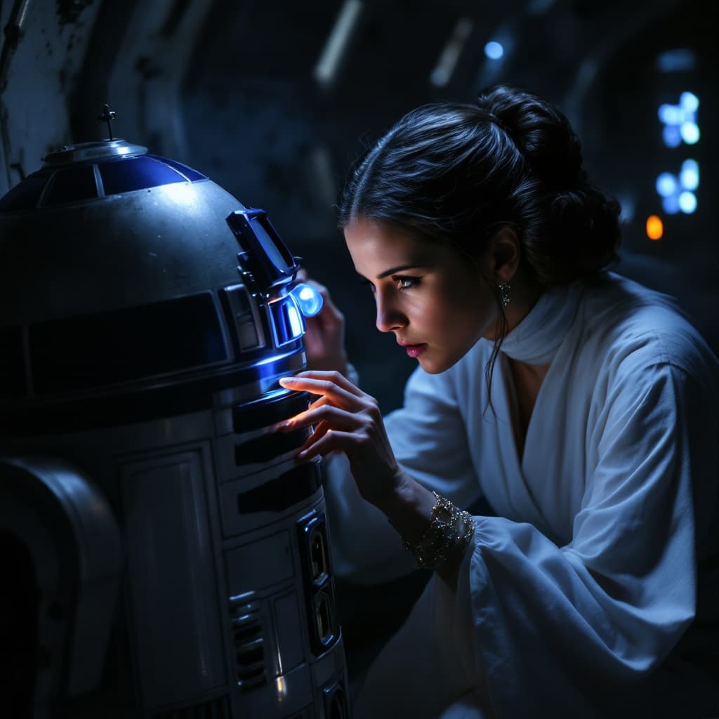 AI generated: "An ultra-detailed, cinematic scene of Princess Leia Organa crouched closely beside R2-D2 in the dar...