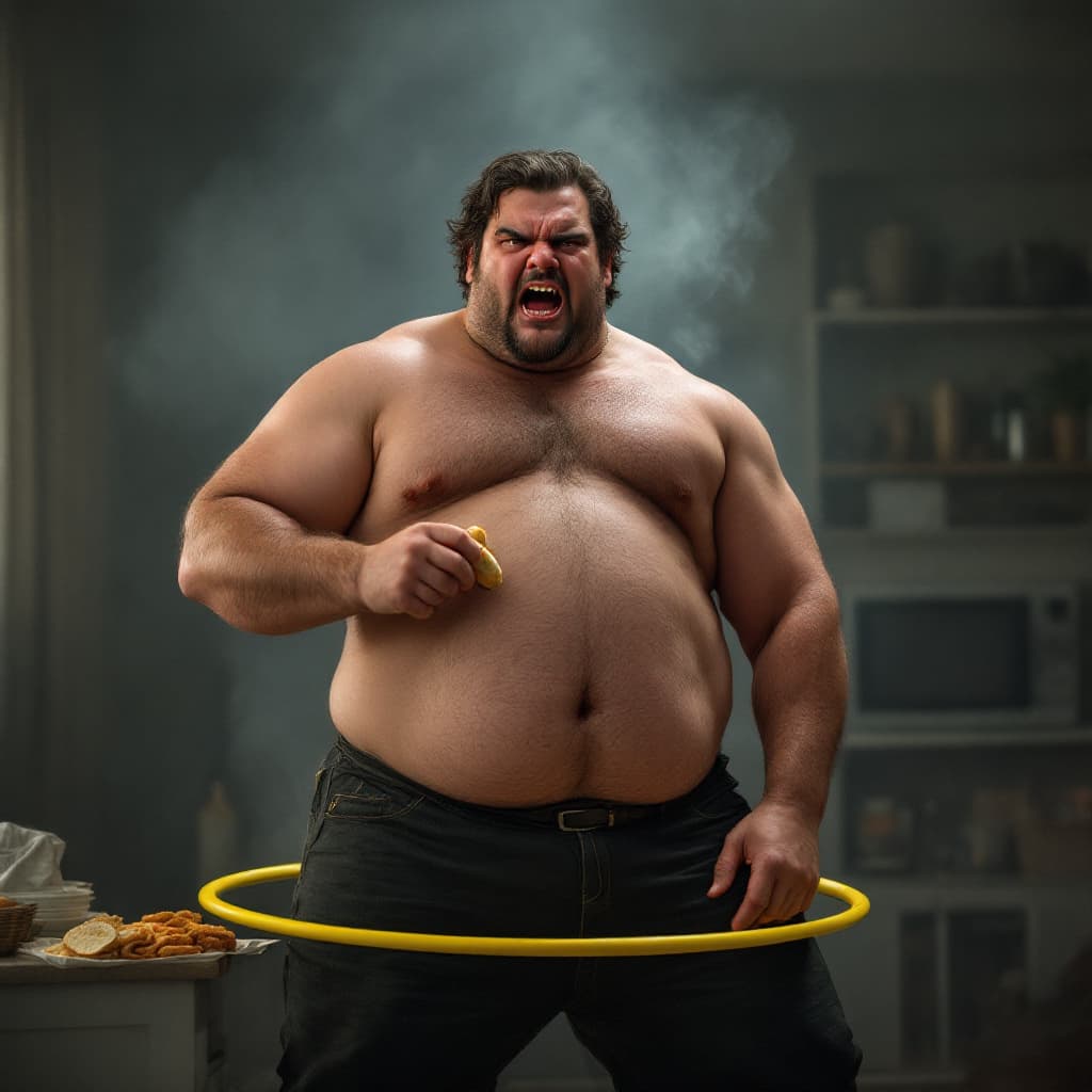 AI generated: a realistic photo of very tall guy eating five doner kebab roll at his house while with a hula hoop ...