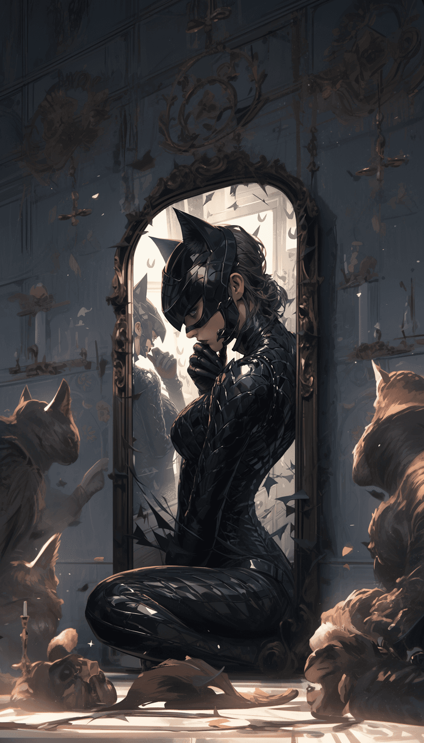 AI generated: Catwoman looks into a broken mirror, amazing body in latex suit, a villain from the Batman film seri...