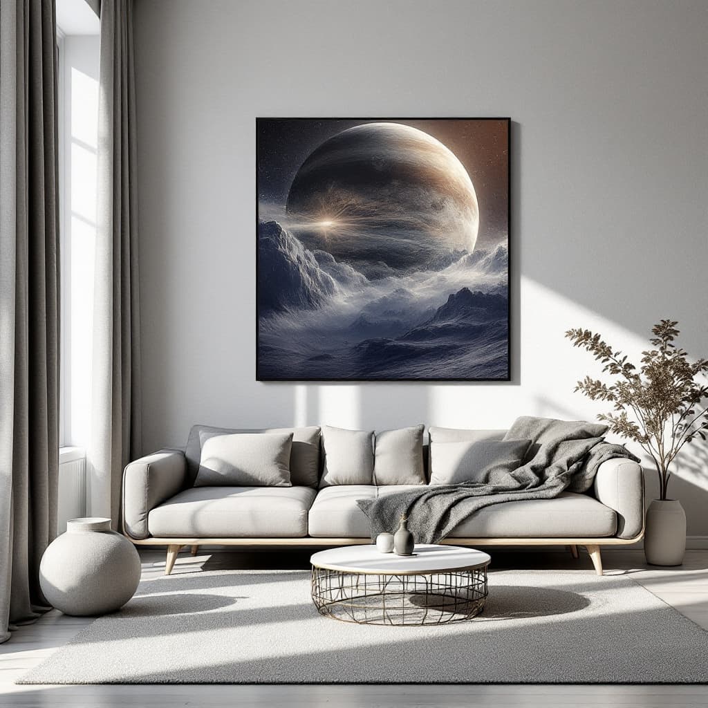 AI generated: minimal livingroom with big planet, morning light and shadow, Decorative painting with dimensions of...