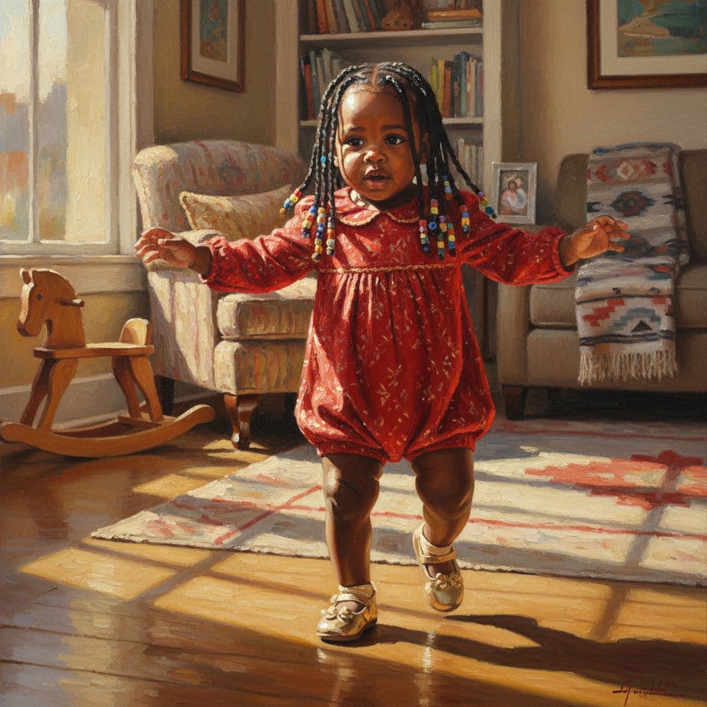 AI generated: A richly textured oil painting capturing an African American toddler girl with long, neatly braided ...