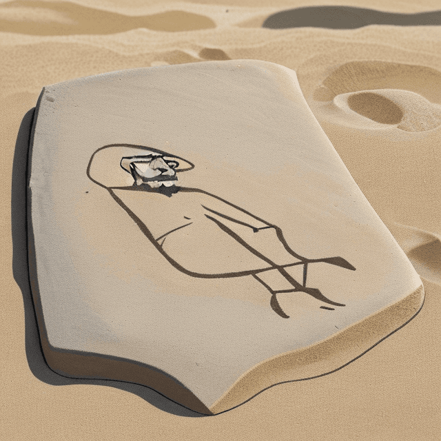 AI generated: side view of a nice, wise, slim, and old prehistoric man drawing square on sand near the bank of the...