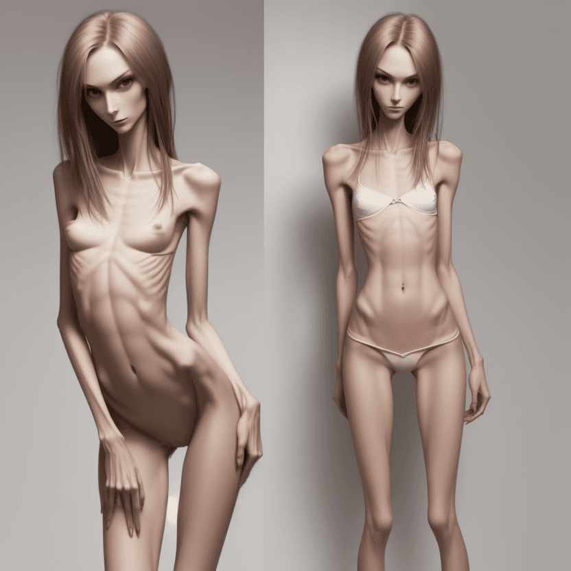 AI generated: extreme beautiful skinny slender (almost anorexic)  girl with skinny slender thighs narrow, without ...