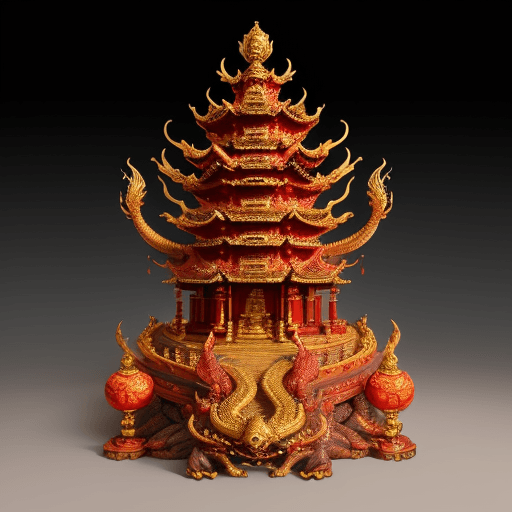 AI generated: Design an intricate dragon temple where Mushu is the central deity, adorned with golden ornaments an...